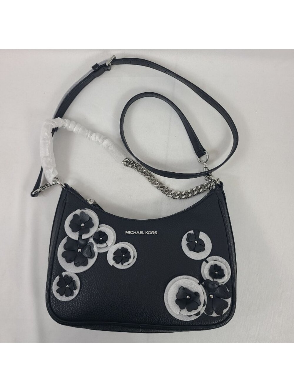 NEW Michael Kors Jet Set Travel LG Embellished Flower Pouchette Crossbody Black